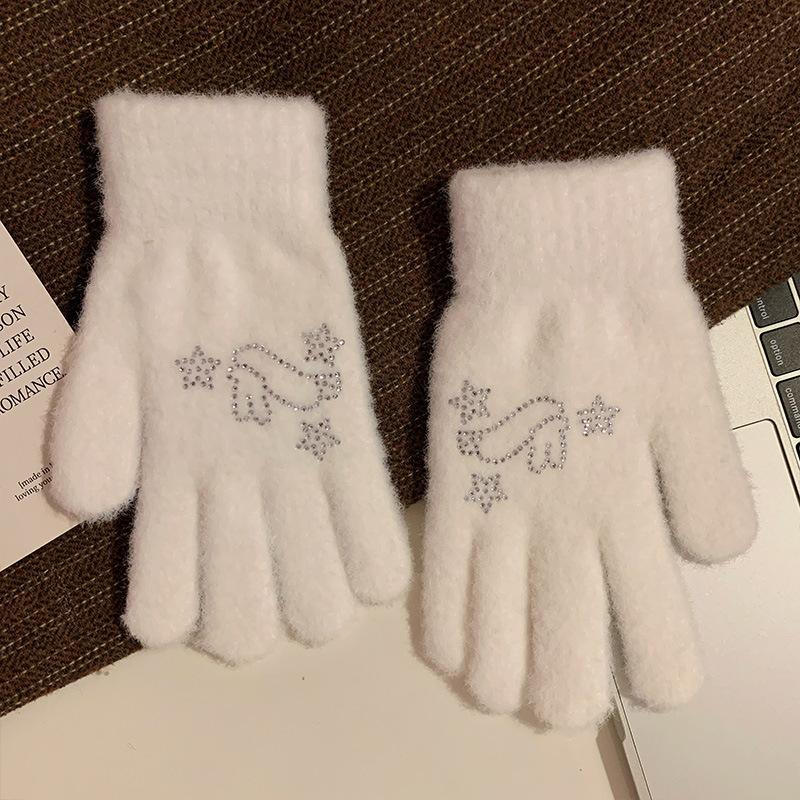 Cute Water Diamond Rabbit Finger Plush Gloves for Girls Thickened In Autumn and Winter To Keep Warm  Student Outdoor Cycling Trend