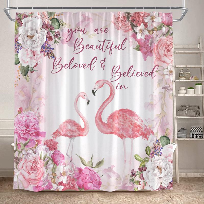 Shower Curtain, Tropical Flamingo Jungle Waterproof Polyester Bathroom Curtain With Hooks, Palm Tree Lotus Flower Decor Bath Cur