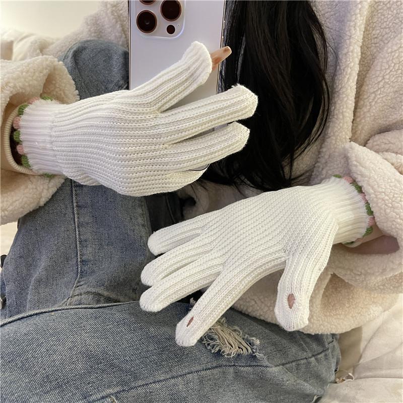 Winter Korean Women Solid Color Touchscreen Warm and Windproof Cycling Finger Candy Bean Knitted Gloves