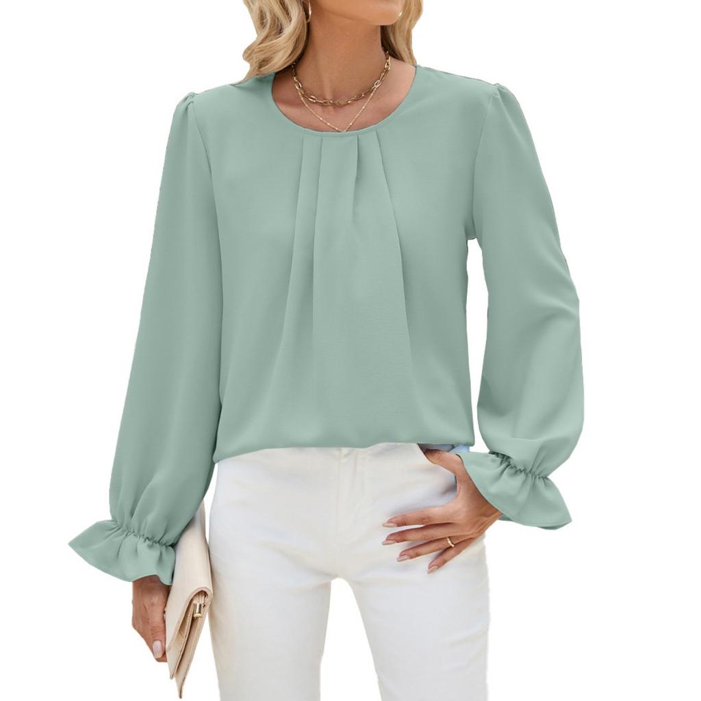 Fall Winter Solid Color Crew Neck Loose Long Sleeve Chiffon Top Base Shirt for Leisure Europe US Leisure Women