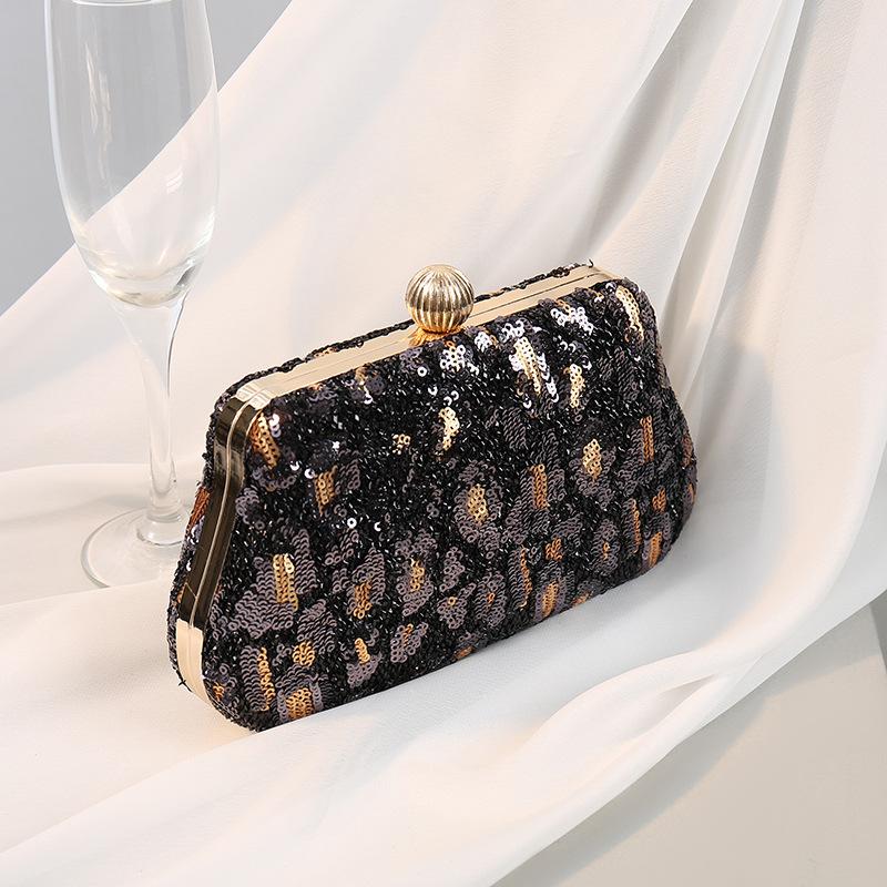 Vintage Women's Bags Leopard Pattern Embroidered Sequins Frame Evening Clutch Bags