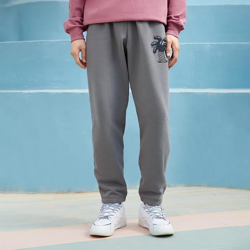 Li Ning X Steven Harrington Collaboration Cartoon Print Fleece Warm Cuffed Sports Pants Men bottoms Gray AKLRF25-2