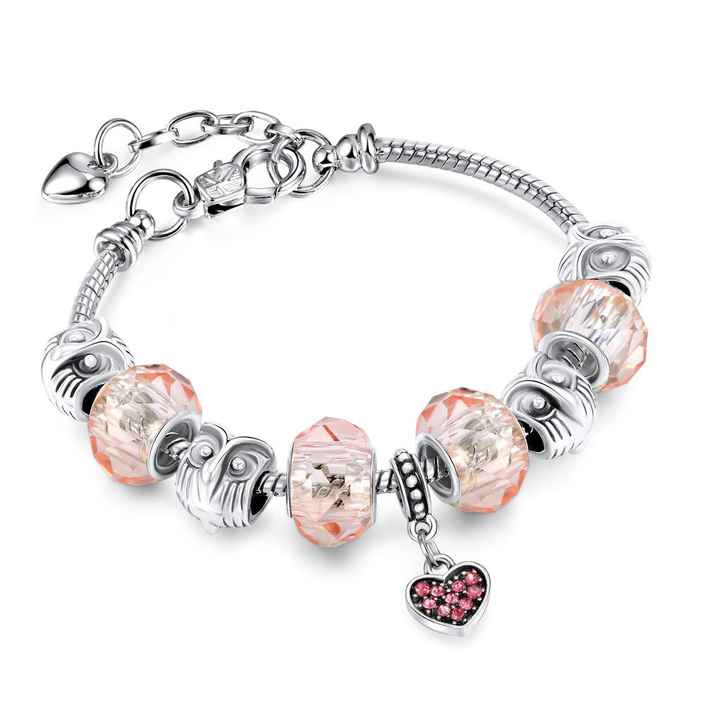 Silver Plated Charm Bracelet for Women, 18+4cm Adjustable Snake Chain with Pink Crystal Beads, Owl & Heart Charm, Fashion Beaded Bracelet Jewelry Gift розовый