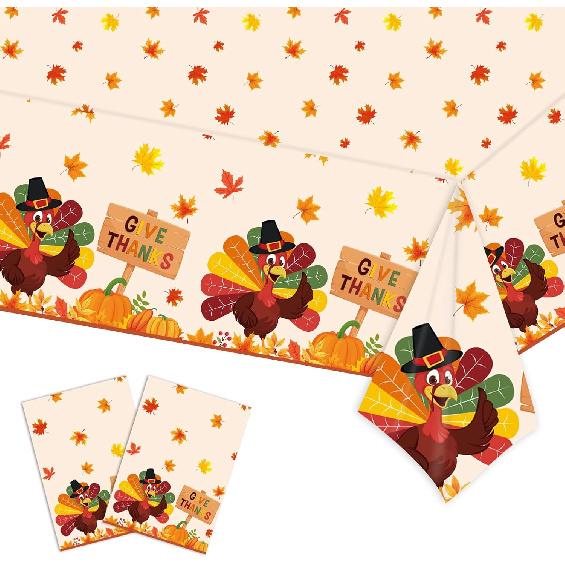 2PCS Thanksgiving Turkey Tablecloth Set, Disposable Plastic Rectangle Table Cover for Holiday Dining Decor, Festive Autumn Leaves Fall Theme, 54" X