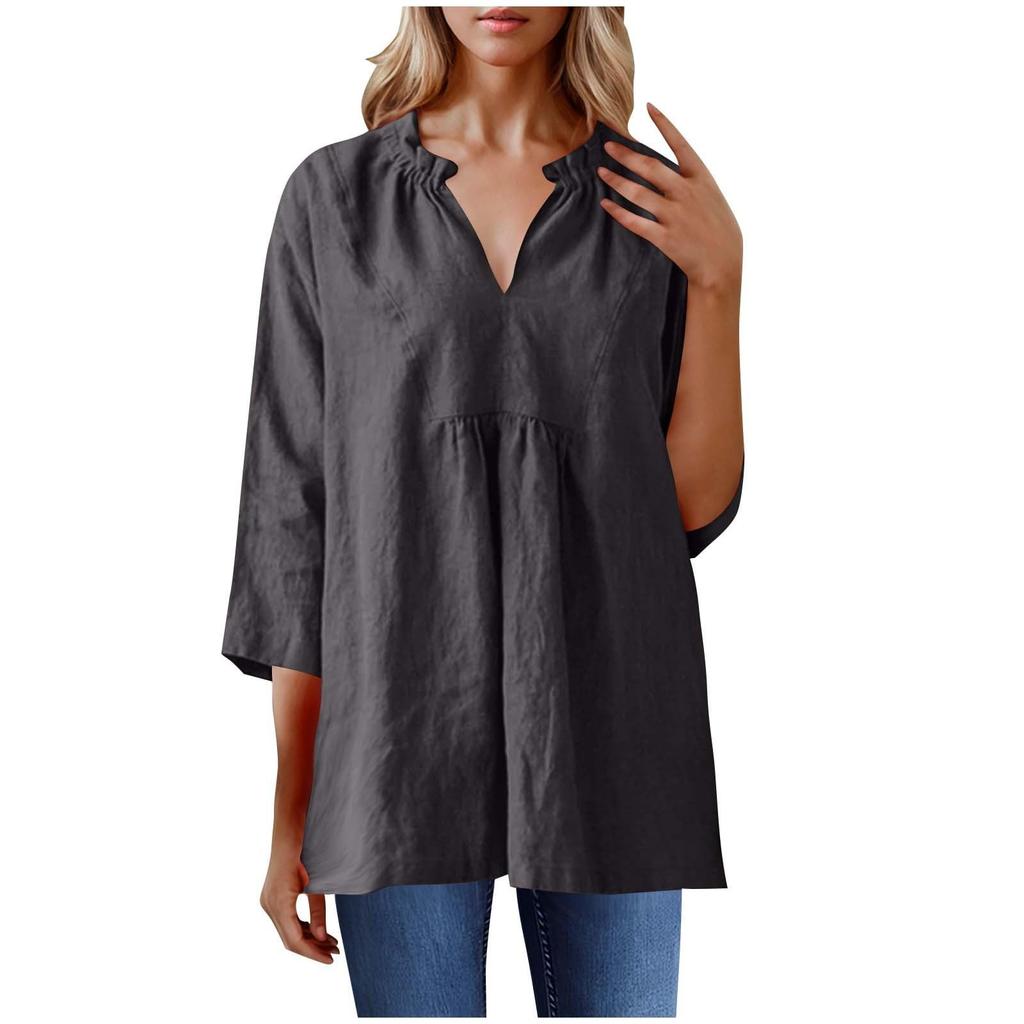 Women's Casual Loose Cotton Linen Solid Color Seven Quarter Sleeve Pleated V-Neck Shirt Top