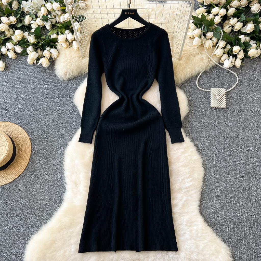 

Элегантное однотонное трикотажное платье для женщин, осеннее французское винтажное платье с круглым вырезом и длинным рукавом, модное вечернее платье-свитер, облегающее платье миди One Size чёрный