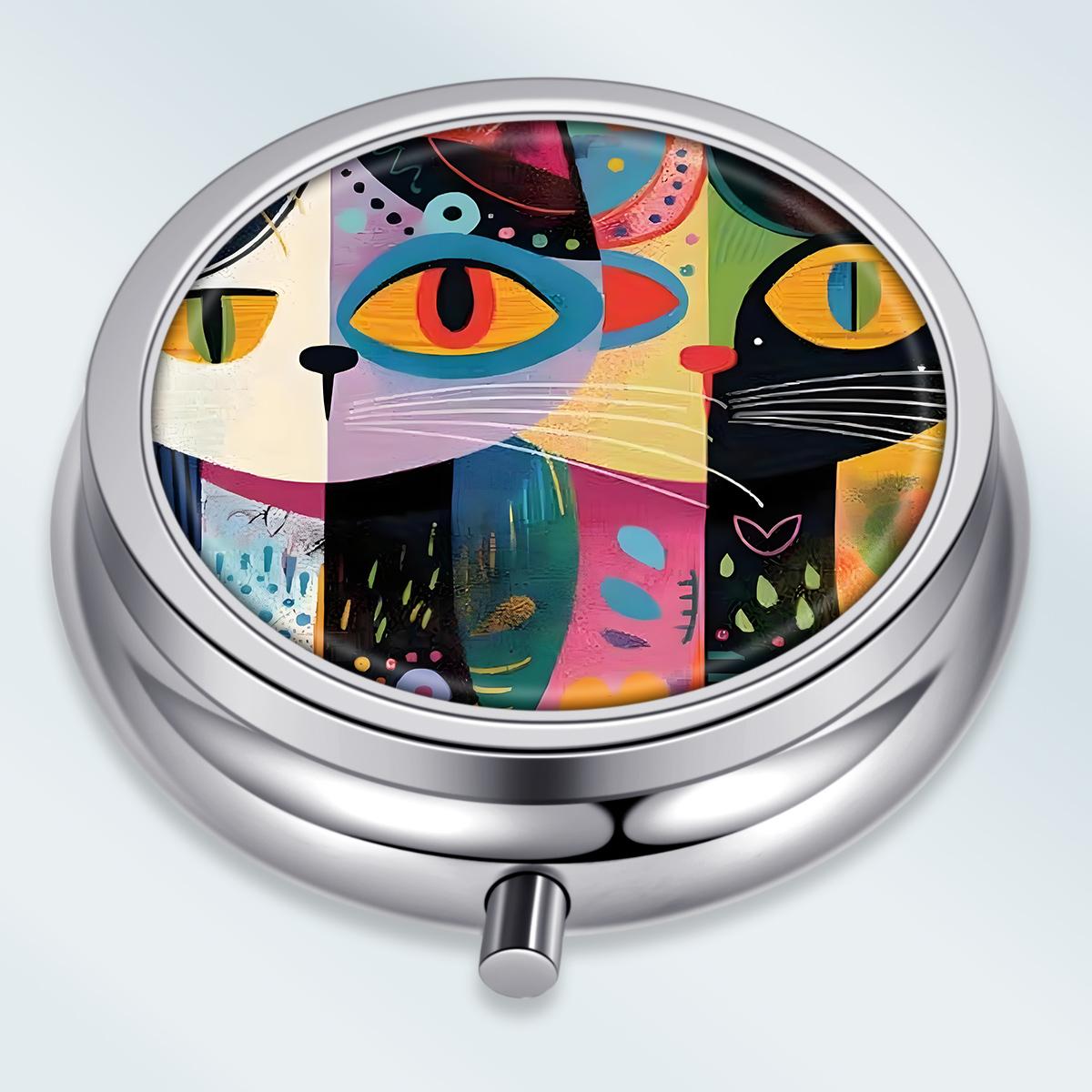 

Portable Pill Box with 3 Compartments, Mini Metal Medicine Organizer Case, Cute Printed Pill Container for Vitamins, Pills, Jewelry, Travel, Daily Use