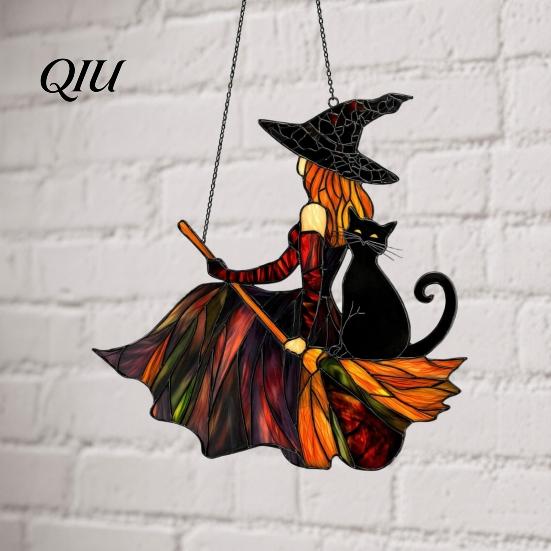 High Definition Printed Acrylic Vintage Halloween Cat Witch Decoration, Window Hanging Ornaments, Colorful Decoration Rustic Farmhouse Tree