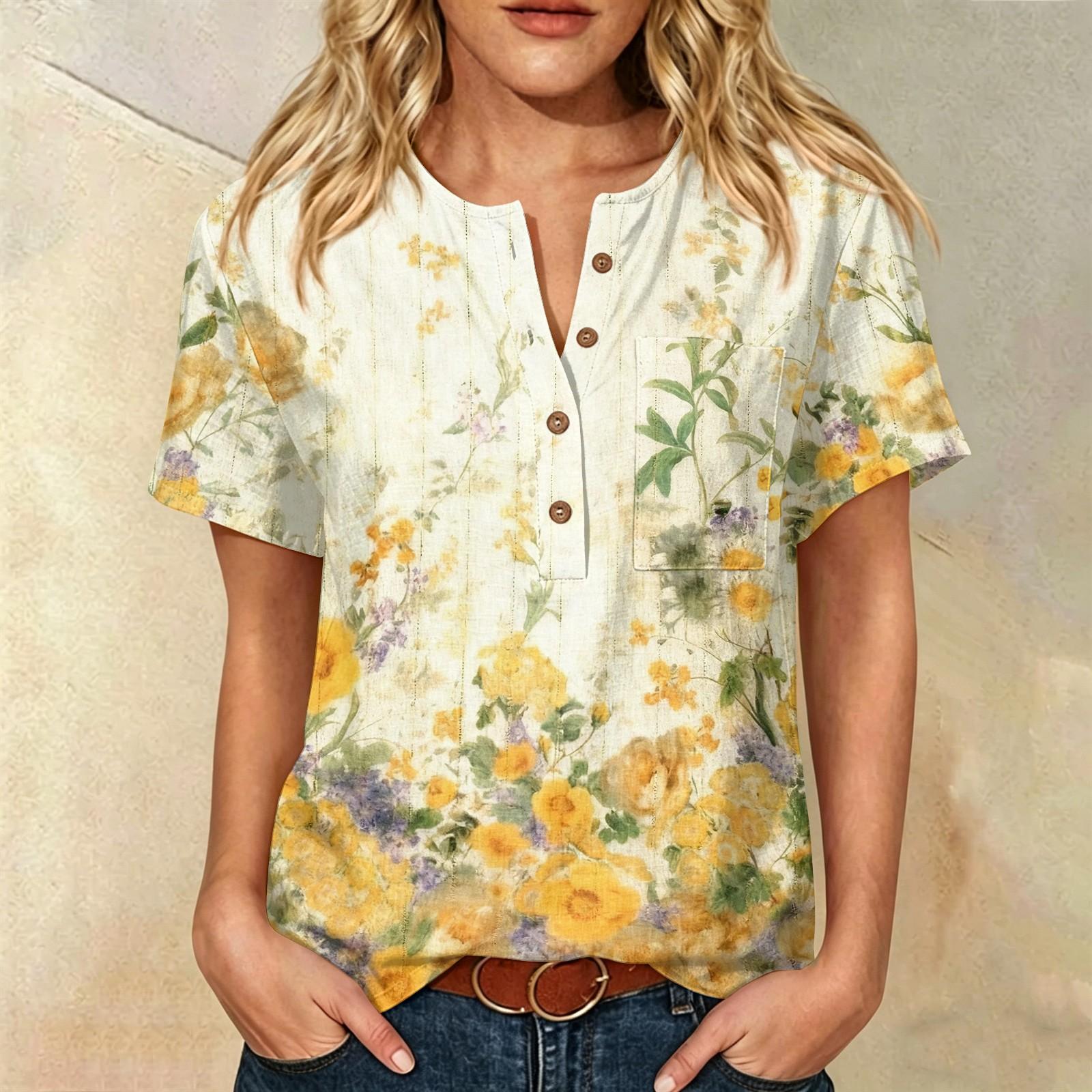 

Womens Casual Floral Print Henley Neck Short Sleeve Cotton Linen Shirt with Front Pocket Loose Fit Button Down Top XXXL