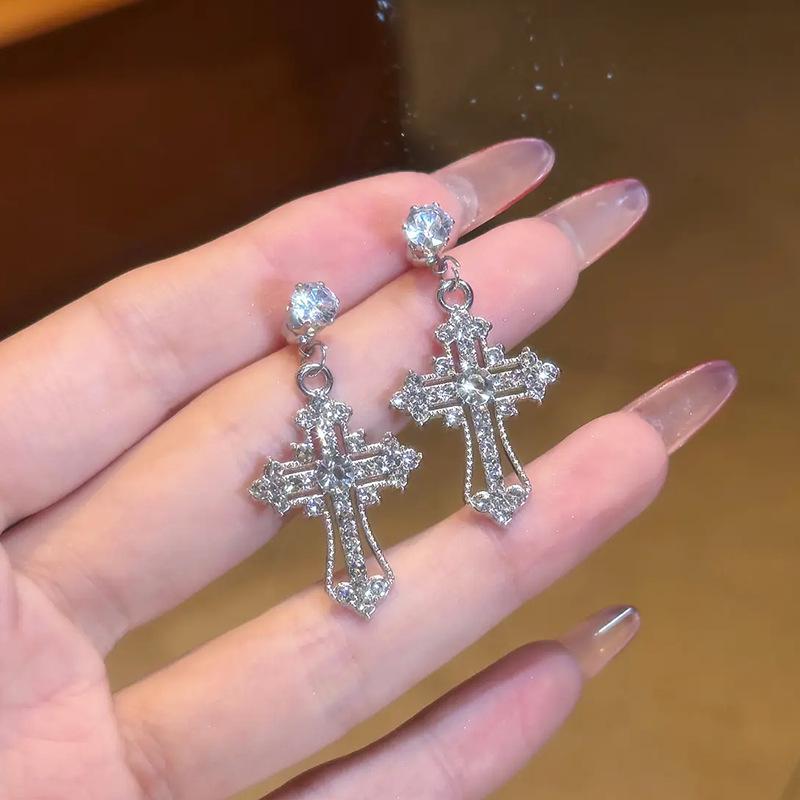 Luxurious High-End Cross Earrings for Women: Shiny 2025 Niche Design with Back-Hanging Dangles
