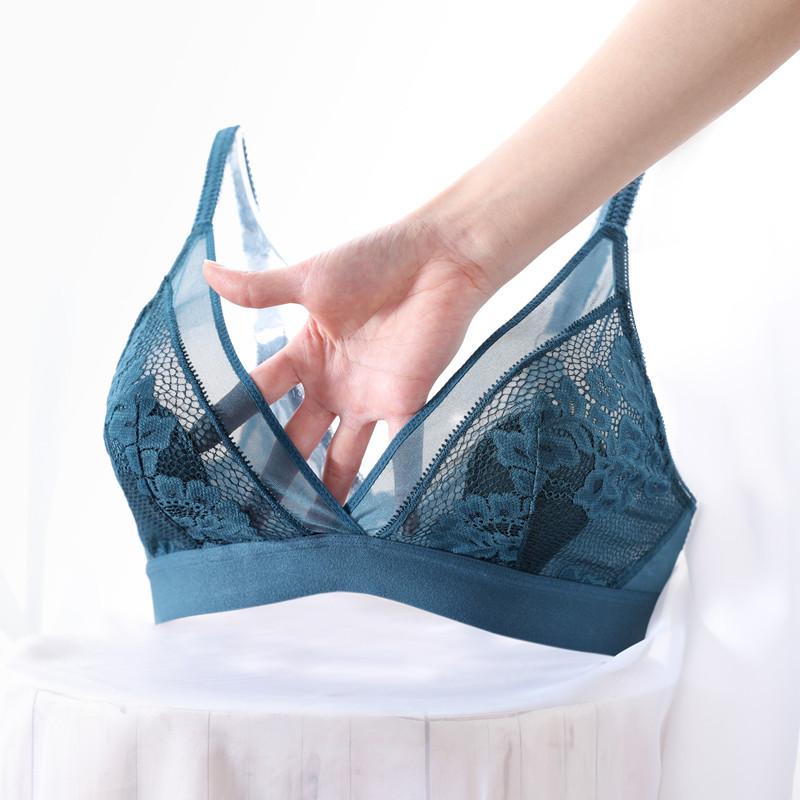 Sujetadores inalámbricos sexy para mujer Bralette de encaje ultrafino con escote en V profundo