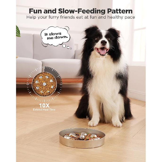 Slow Feeder Dog Bowls – Stainless Steel Non-Slip Metal Bowl for Slow Feeding, 5 Cups Large Capacity, Double-Sided Design for Dry, Wet, or Raw Food,