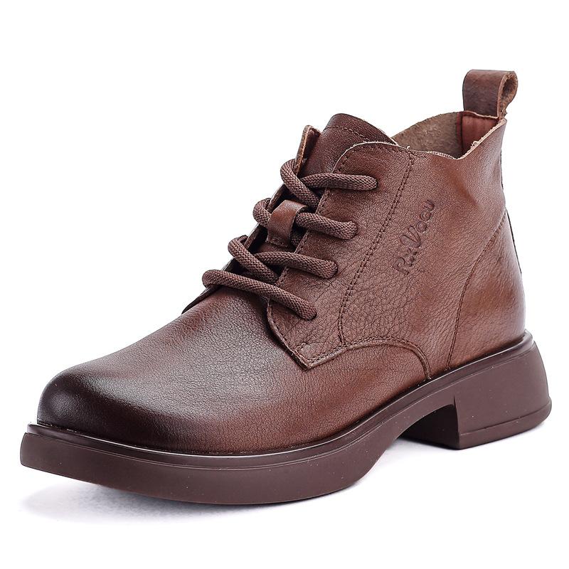 First Layer Cowhide Spring and Autumn Single Boots Retro British Style Martin Boots Versatile Round Head Leather Lace-up Thick Heel Short Boots Women