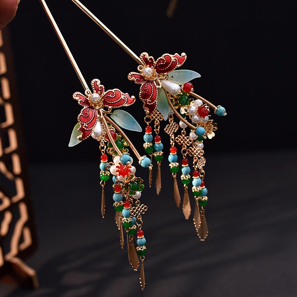 Vintage Chinese Style Hairpin For Women Light Luxury Tassel Enameled Butterfly Hair Stick Exquisite Elegant Hair Accessories 1pc