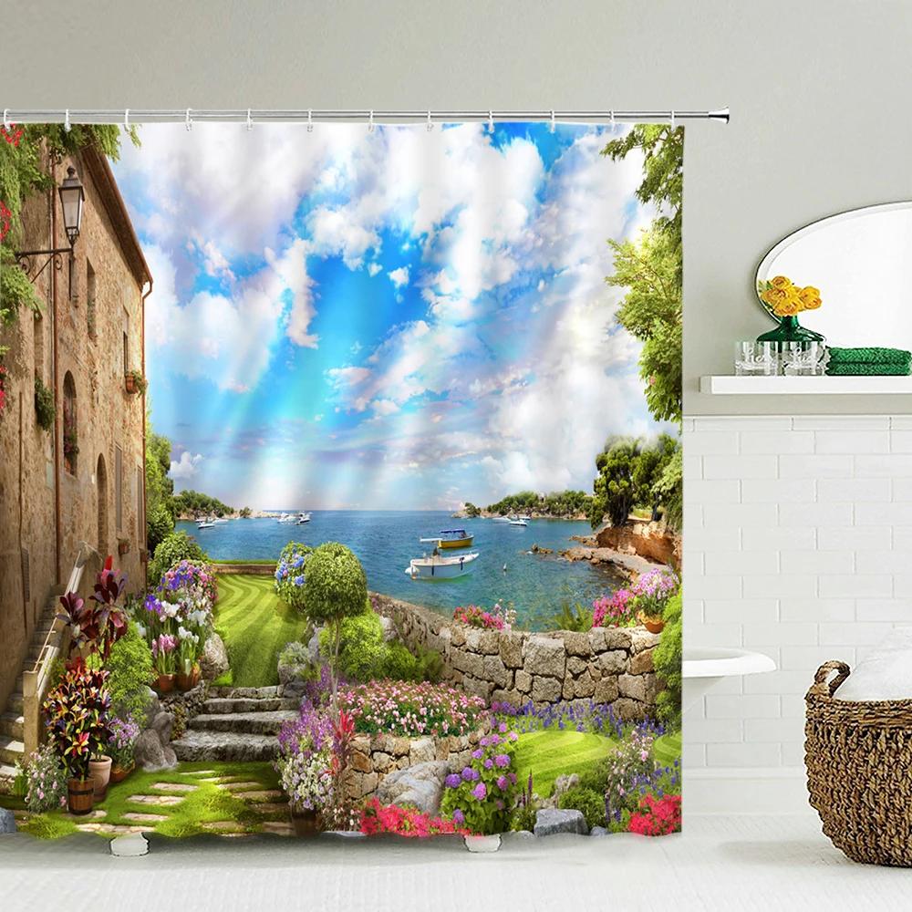 Flowers Garden Landscape Shower Curtain European Retro Rural Scenery Wall Decor Hanging Curtain Waterproof Bathroom Curtains