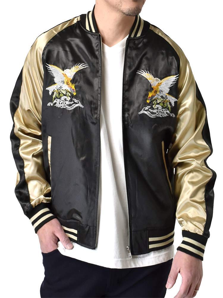 

Aluje Satin Sukajan Jacket with Japanese Black Eagle Sizes for Fall and Spring Men s Pattern, Pattern, D7M/XL,