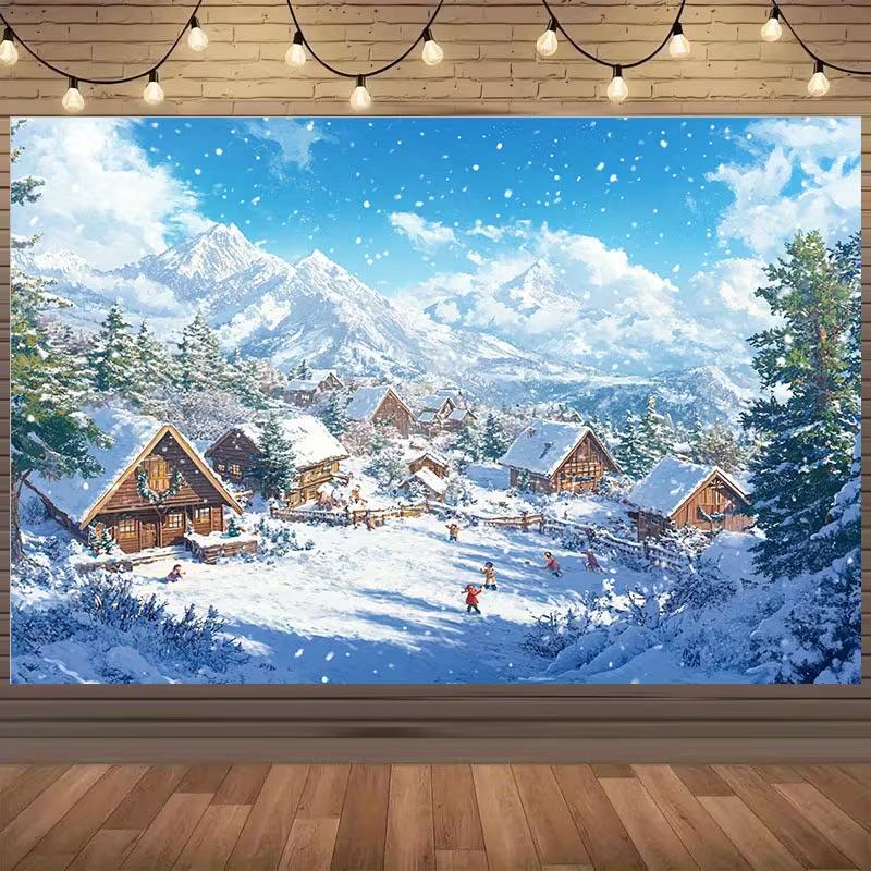 Winter Wonderland Backdrop Featuring Snow-Covered Mountains, Cozy Cabins and Falling Snow 47.2x31.5inch/120*80cm