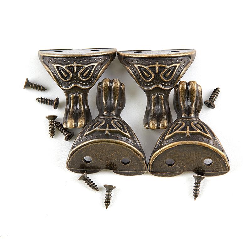 4ks Starožitná mosazná truhla na šperky Dřevěná krabička Skříňka s ozdobnými nožičkami Roh