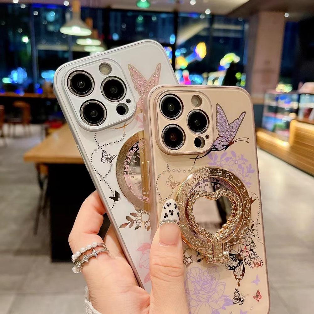 Luxury Glitter Butterfly Metal Ring Magsafe Case for iPhone 16 15 Pro Max 13 14 Plus Detachable Magnetic Ring Holder Case