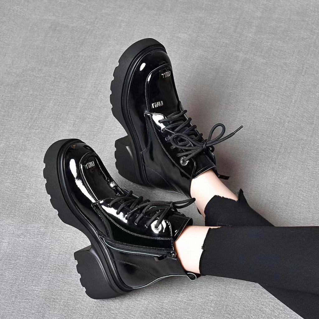 Round head platform short boots women's first layer cow patent leather lace-up Martin boots muffin and letter high-top shoes women's cotton shoes
