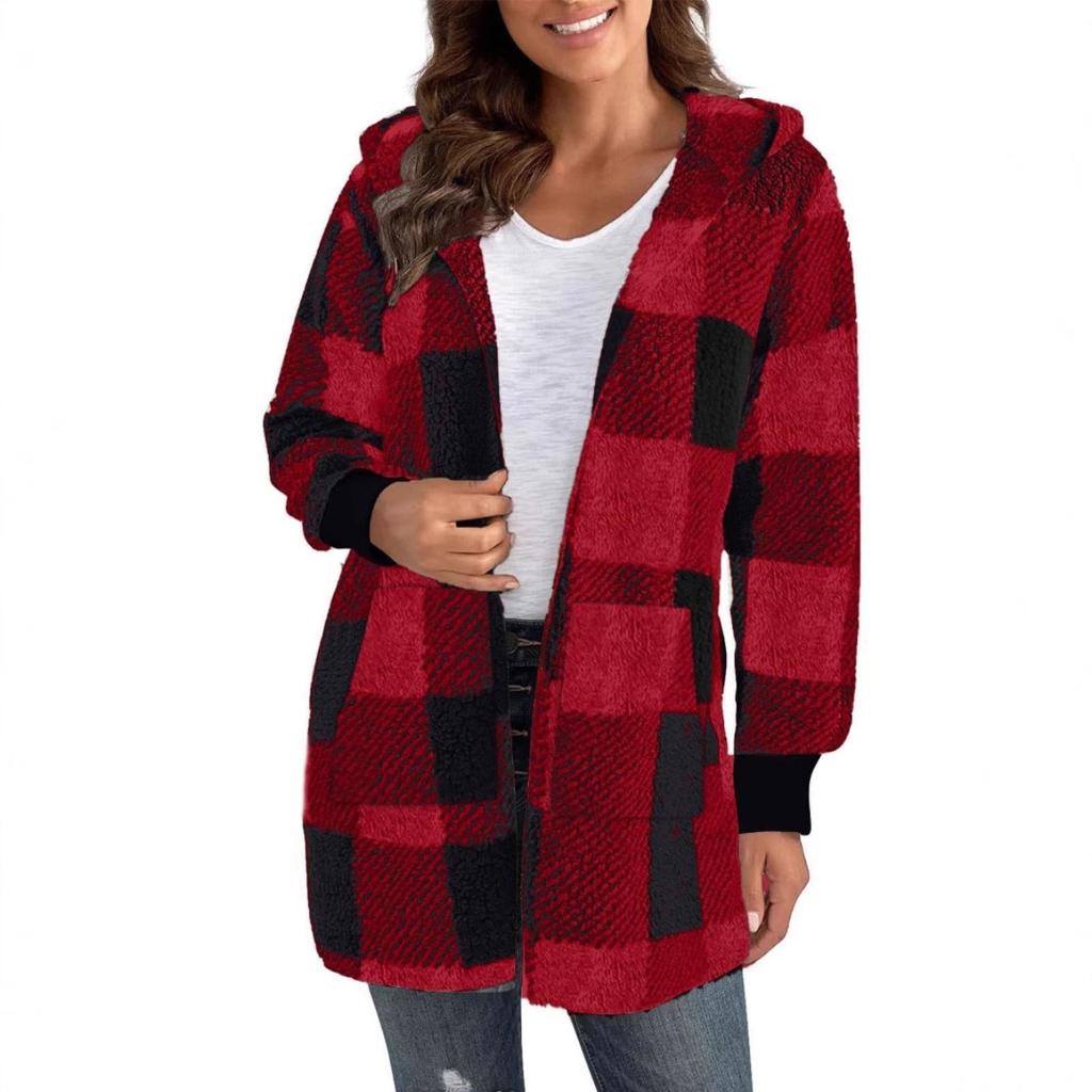Fall Winter Women's Plaid Hooded Fleece Coat, New Casual Warm Outerwear for Women