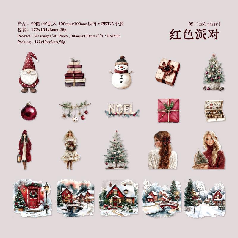 

40-Sheet Christmas Themed PET Stickers, Transparent Waterproof Design for Journal Decoration, Gift Wrapping