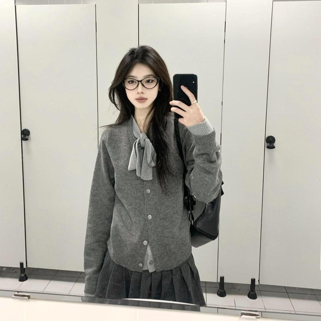 

Серый женский кардиган из двух частей с бантом - Новый высококачественный осенне-зимний свитер-пальто One Size серый