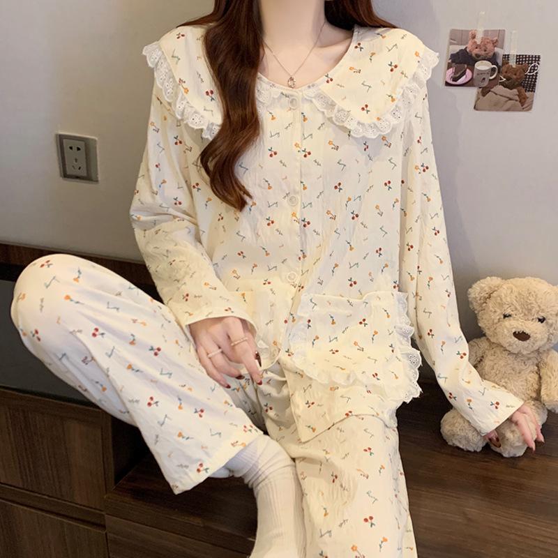Women's Cartoon Lace Peter Pan Collar Cotton Pajamas - Long Sleeve, Spring/Fall, Winter Style