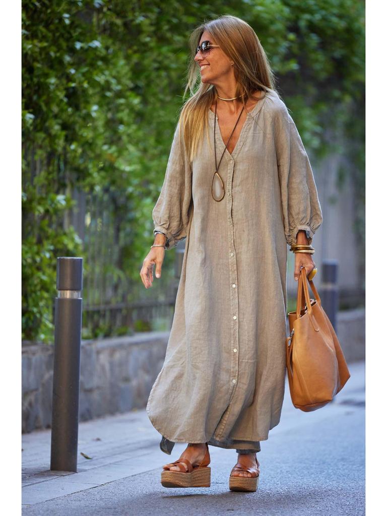 New Women's Cotton Linen Long Sleeve Cardigan Dress for Autumn and Winter