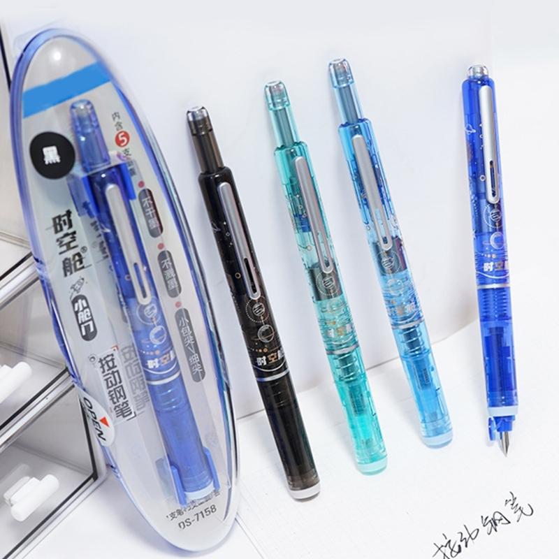 Press Fountain Pen Calligraphy Fountain Pen with 5 Inks Sac Retractable Inks Pen Fine Tip for Adult Kid Handwriting