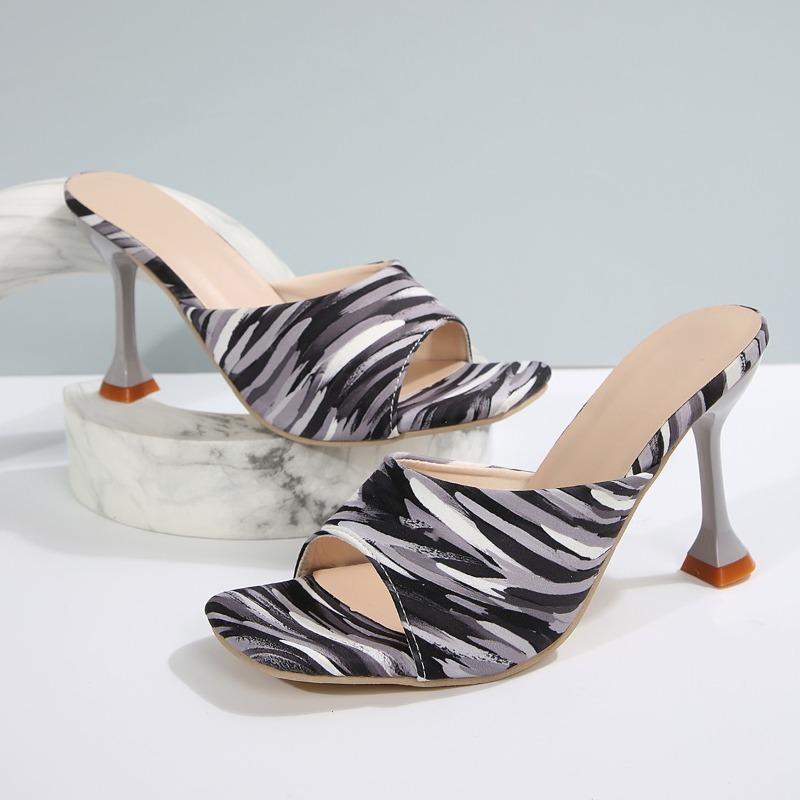 Fashion Plus Size Women's High Heels Summer New Fashion Square Toe Open Toe Color Block Pattern Pull-in Foot Non-Slip Stiletto Heels