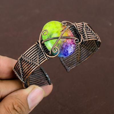 Natural Rainbow Solar Quartz Gemstone Copper Wire Wrap Bangle Adjustable V3t26