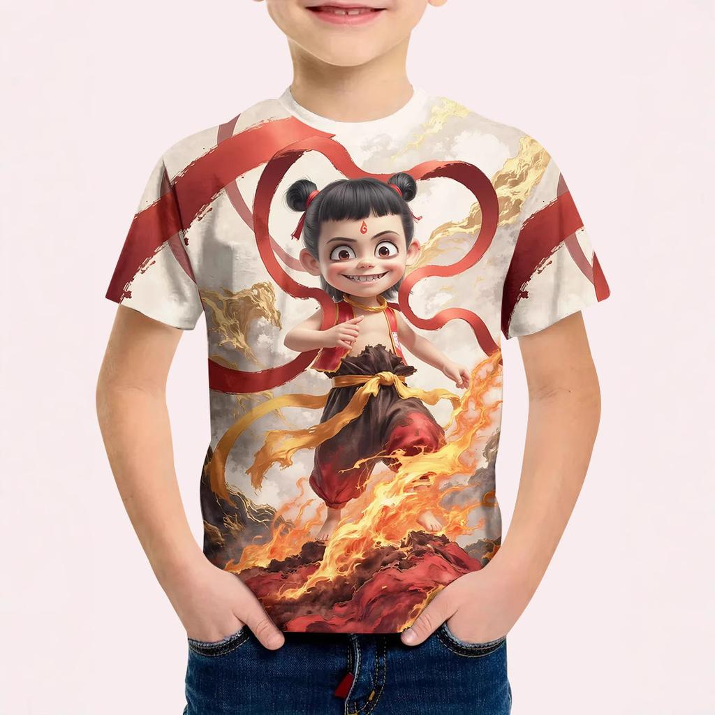 Summer Round Neck Animated Character Nezha 3D Printed Top Fashionable Casual Short Sleeved Children's Boy T-shirts