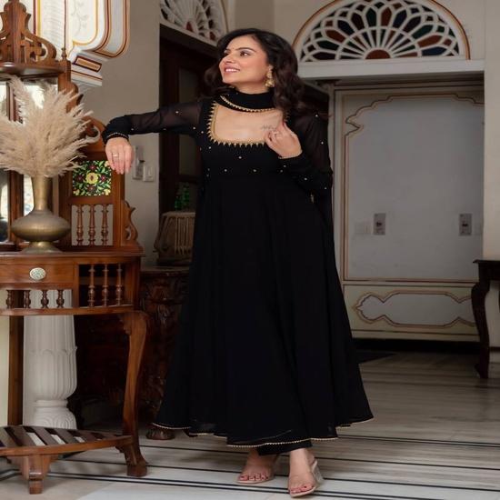 Women's Black Embroidered Anarkali Suit Set with Sheer Dupatta