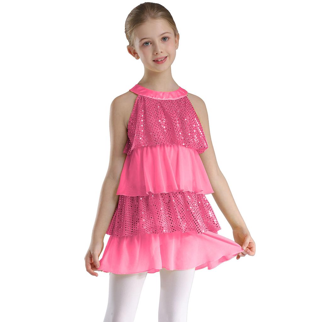 Gestuftes Rüschen-Mädchen-Tanzkleid Glänzende Pailletten Patchwork A-Linie Ärmellos Aufführungskostüm