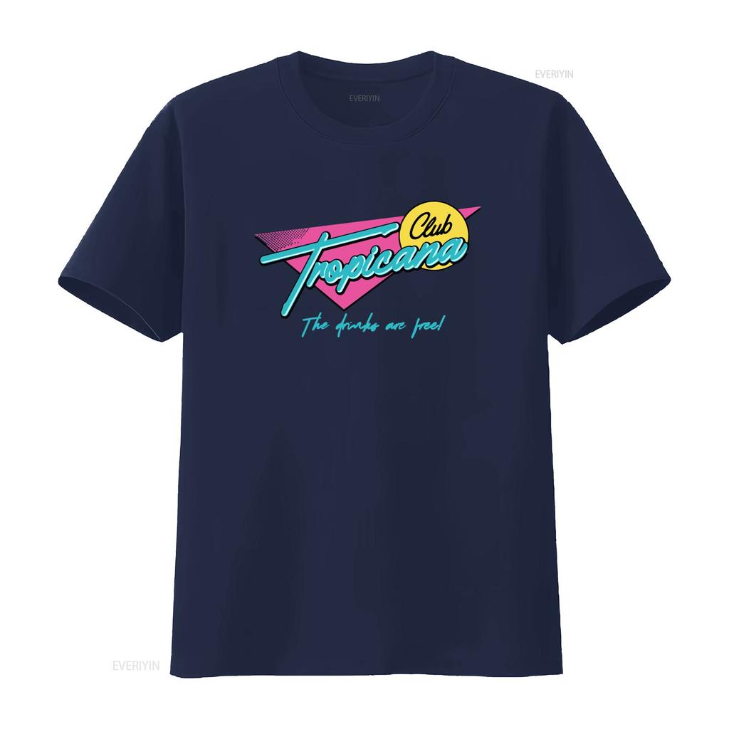 Club Tropicana T Shirt Retro 80s Neon Design Perfect for Fancy Dress Parties Music Lovers The Drinks Are Free Vintage Washed