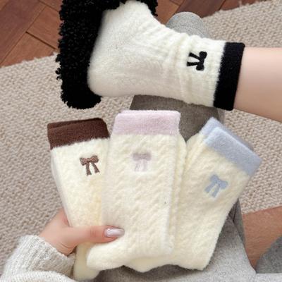 Winter Australische Fleece Verdickte Warme Socken für Damen mit Kontrastfarbenen Schleifen, Oberbekleidung Kältefest Haus Schlafen Mittelwaden Socken
