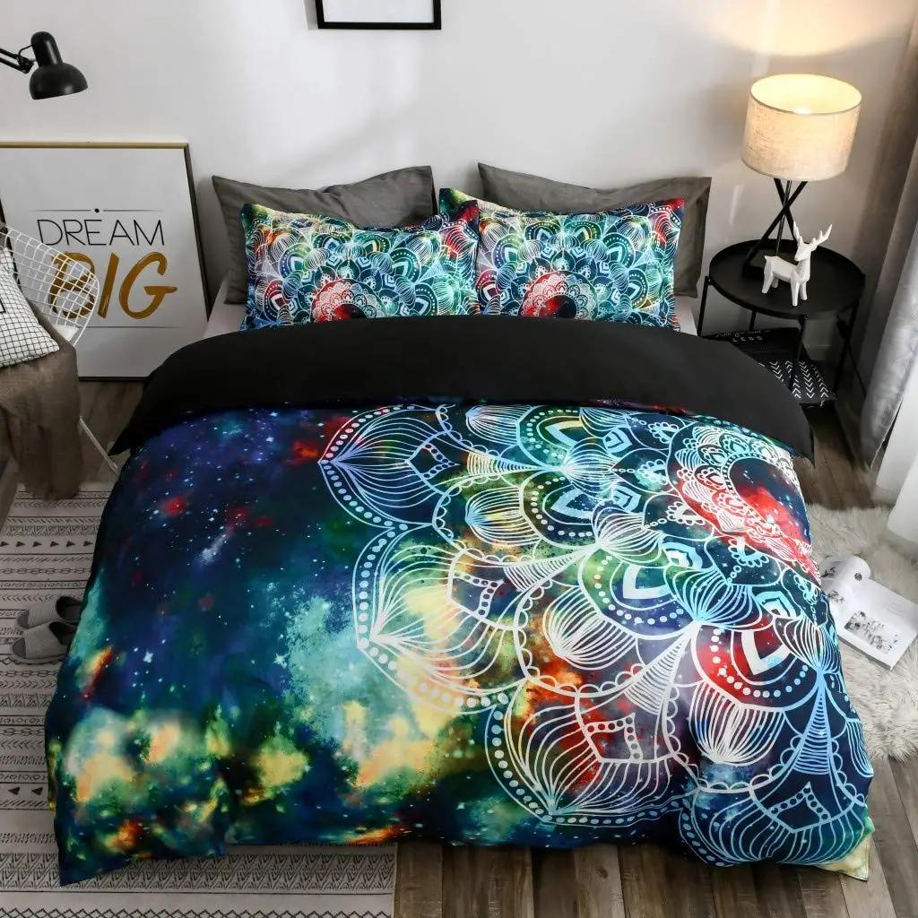 Mandala Purple Galaxy Duvet Cover Boho Chic Petal Flower Bohemian Meditation Gypsy Hippie Floral Exotic Retro Decor Women Gifts