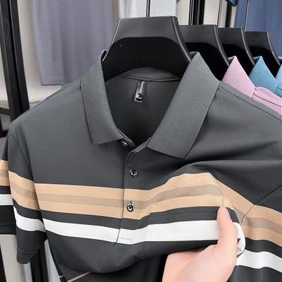 Randig Revers Kortärmad T-shirt, Herr Plus Size Business Casual Pikétröja
