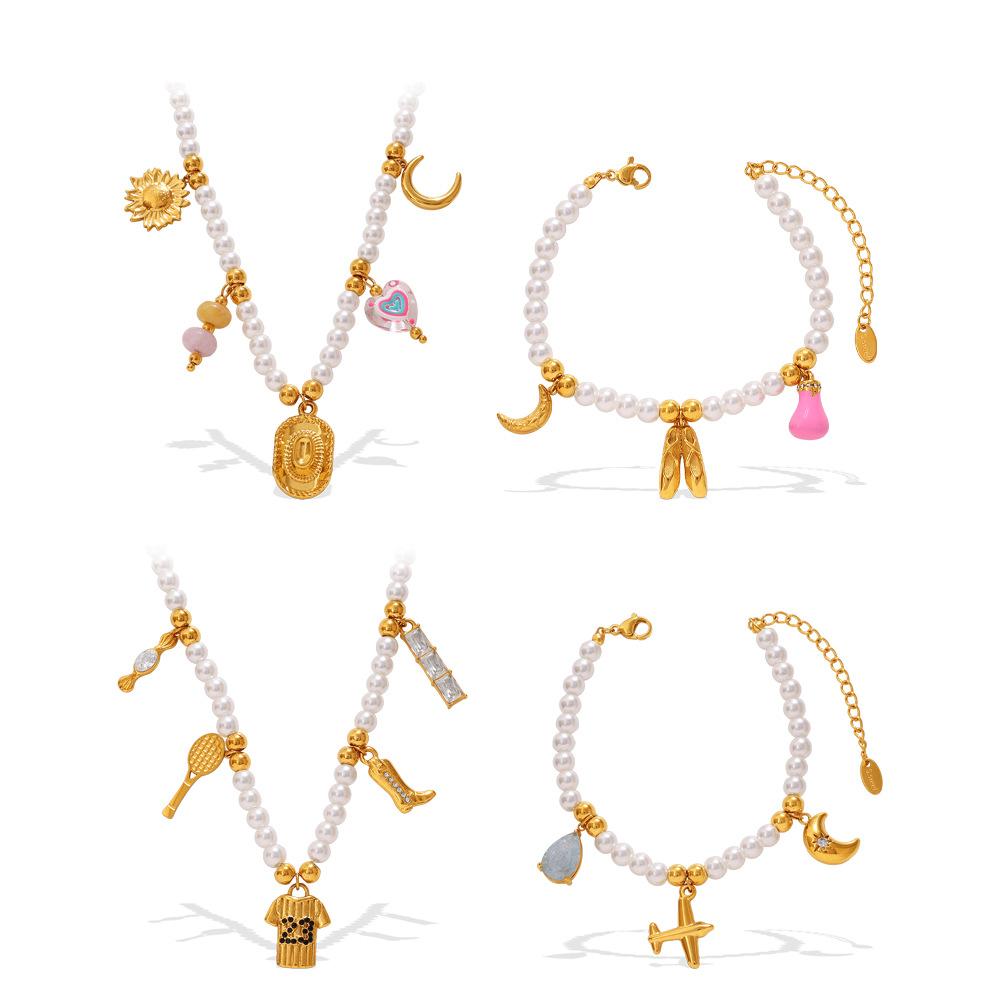 Luxo Leve Vitalidade Diversos Pingentes DIY Pulseira de Contas Brancas Colar Aço Inoxidável Redutor de Idade Doce Estilo Menina Conjunto