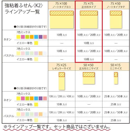 Kokuyo Sticky Notes Sterkt selvklebende K2 75 mm x 75 mm Pastell 90 ark x 10 bøker 7 farger K2 Me-KP7575X10