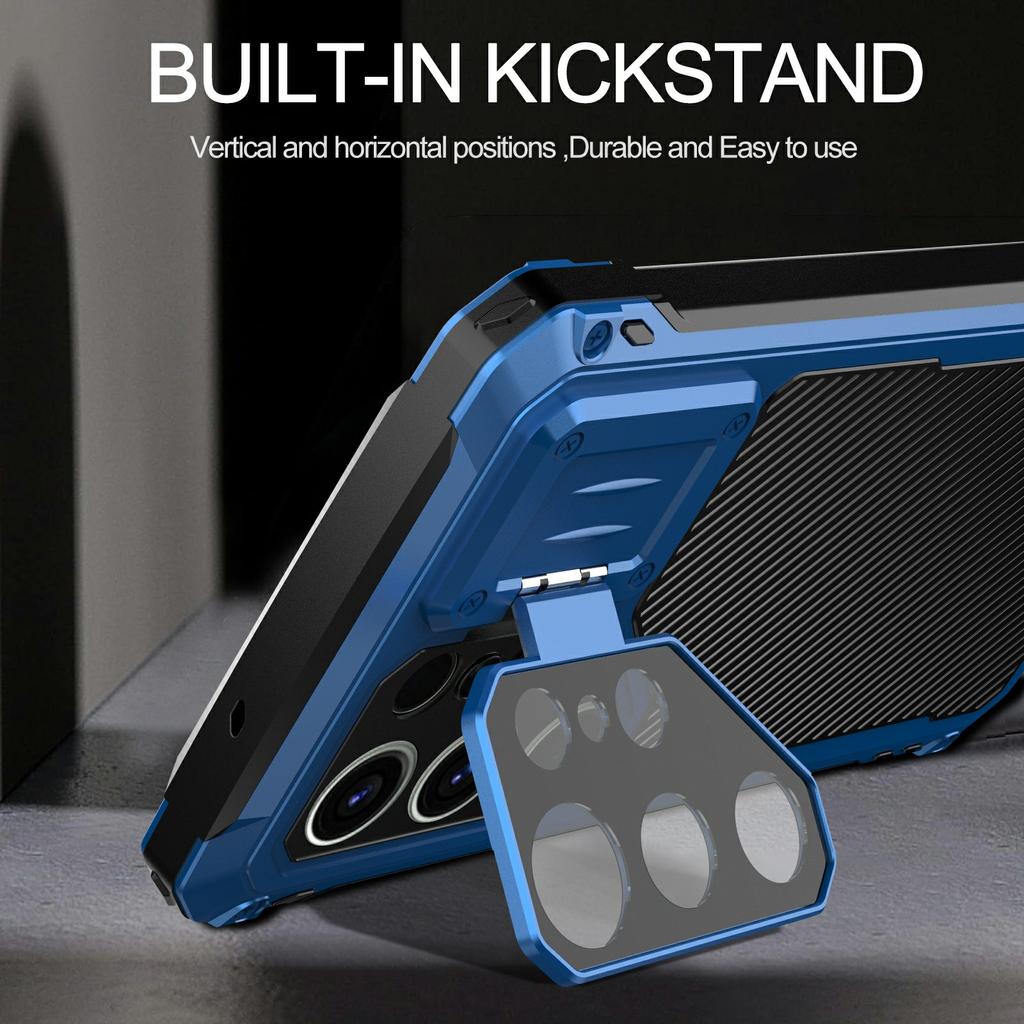 Samsung Galaxy S25 Ultra Tok Alumínium Ötvözet+Szilikon Lencse Kitámasztó Telefontok Edzett Üveg Fóliával