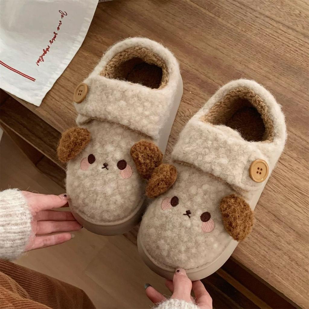 Kawaii Button Rilakkuma Lok Fu Bread Shoes Ladies Wear Non-Slip Thick-Soled Winter Hook and Loop Cotton Shoes