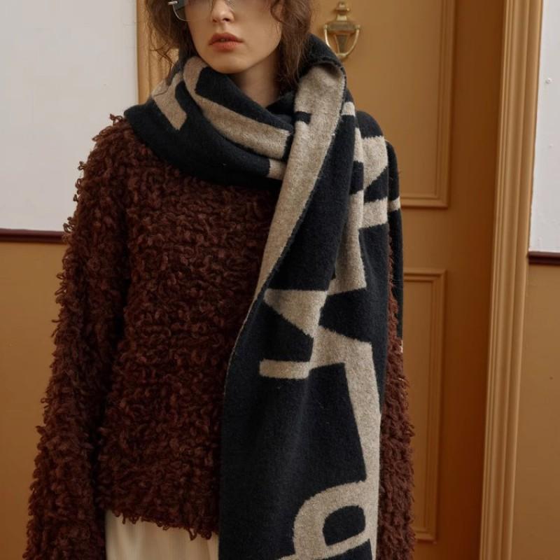 Winter Warm Wool Blend Scarf With Vintage Print Contrast Trim Soft Yak Hair Knit Shawl Women
