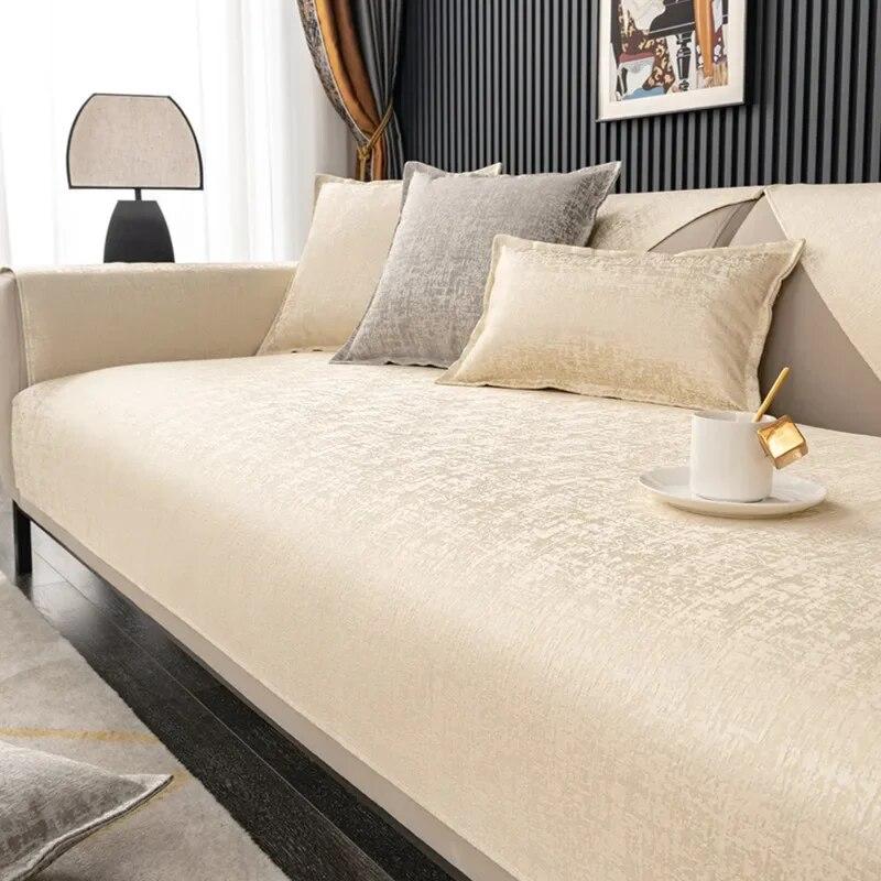Funda de Sofá Jacquard Chenilla Estilo Europeo Raya Lisa Moderno Antideslizante Ribete Satén Funda Sillón Toalla Cuatro Estaciones Genera