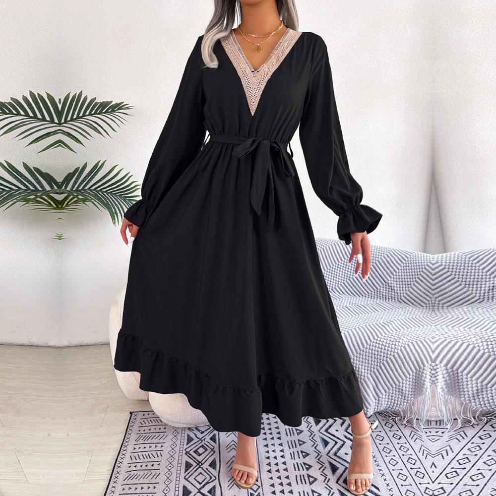 Kobiety Wiosna Lato V Neck Zasznurować Wysoka talia Ruffle Edge Solid Color Line Sukienki