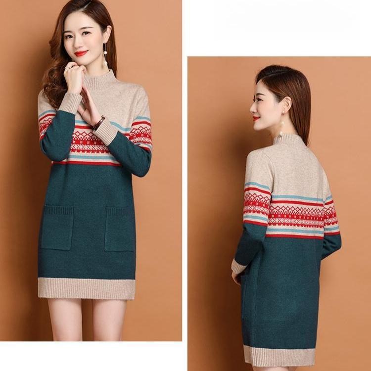 Half Turtleneck Sweater Women's Slim Mid-length Knitted Dress Warm Pullover Autumn and Winter