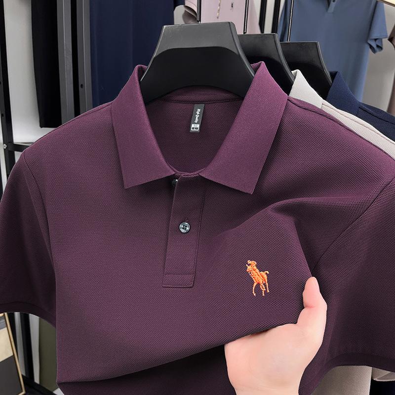 Pánské polo tričko s krátkým rukávem z perlové bavlny, luxusní, ležérní, s půl rukávem a vyšívaným logem poníka, klopou