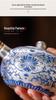 Blue & White Gilded Gongfu Tea Set: Teapot, 2 Cups & Tray In Gift Box for Home or Office.