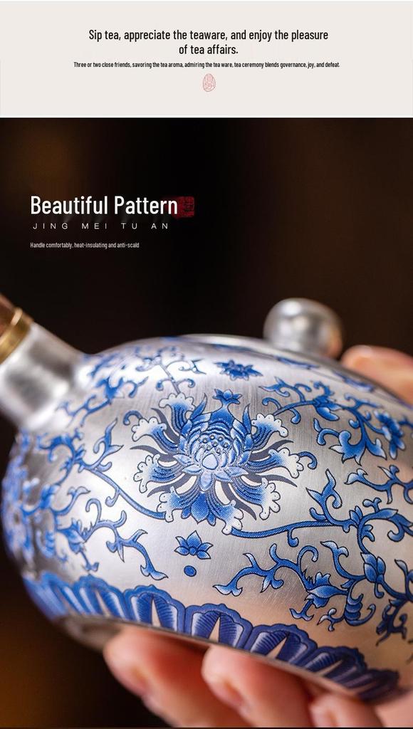 Blue & White Gilded Gongfu Tea Set: Teapot, 2 Cups & Tray In Gift Box for Home or Office.